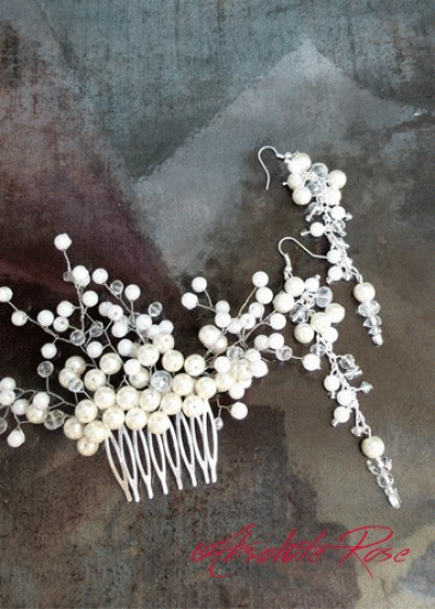 Дизайнерски сватбени гребени- украси за коса с перли и кристали комплект с обици модел Snow Beauty Ivory Pearls